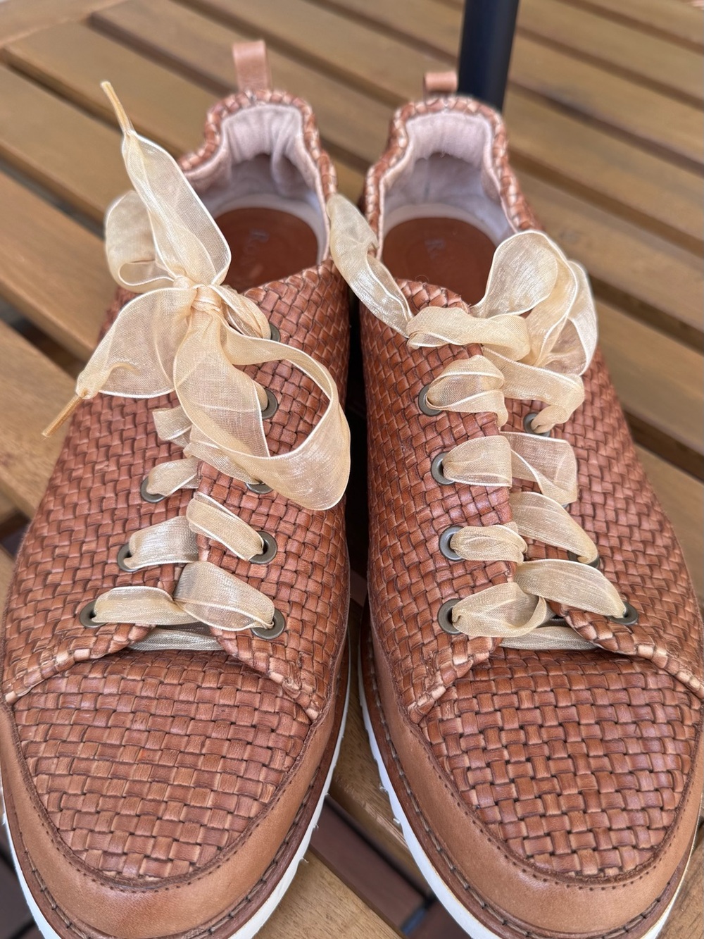 Woven Low-Top Sneakers in Copper Brown with Sheer Cream Laces - Picture 3 of 10
